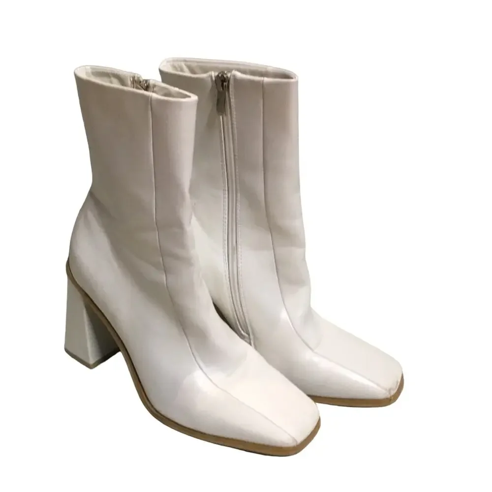 Square Toe Faux Leather Heeled Boots